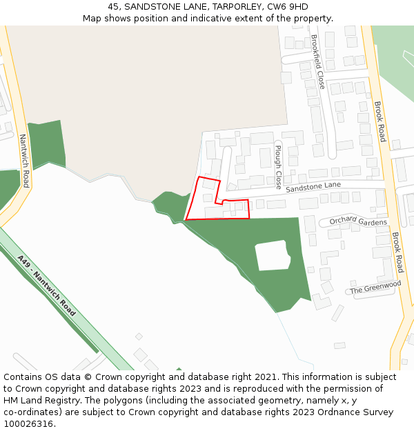 45, SANDSTONE LANE, TARPORLEY, CW6 9HD: Location map and indicative extent of plot