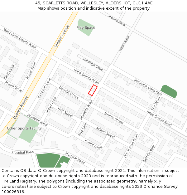 45, SCARLETTS ROAD, WELLESLEY, ALDERSHOT, GU11 4AE: Location map and indicative extent of plot