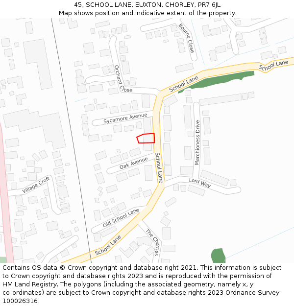 45, SCHOOL LANE, EUXTON, CHORLEY, PR7 6JL: Location map and indicative extent of plot