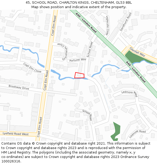 45, SCHOOL ROAD, CHARLTON KINGS, CHELTENHAM, GL53 8BL: Location map and indicative extent of plot