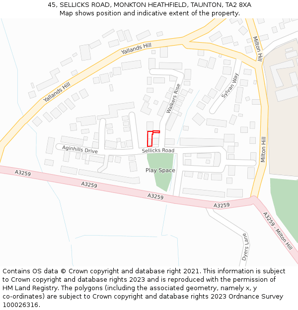 45, SELLICKS ROAD, MONKTON HEATHFIELD, TAUNTON, TA2 8XA: Location map and indicative extent of plot