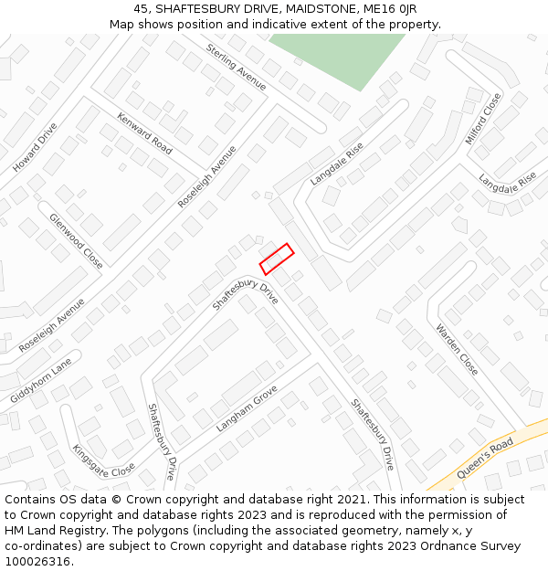 45, SHAFTESBURY DRIVE, MAIDSTONE, ME16 0JR: Location map and indicative extent of plot