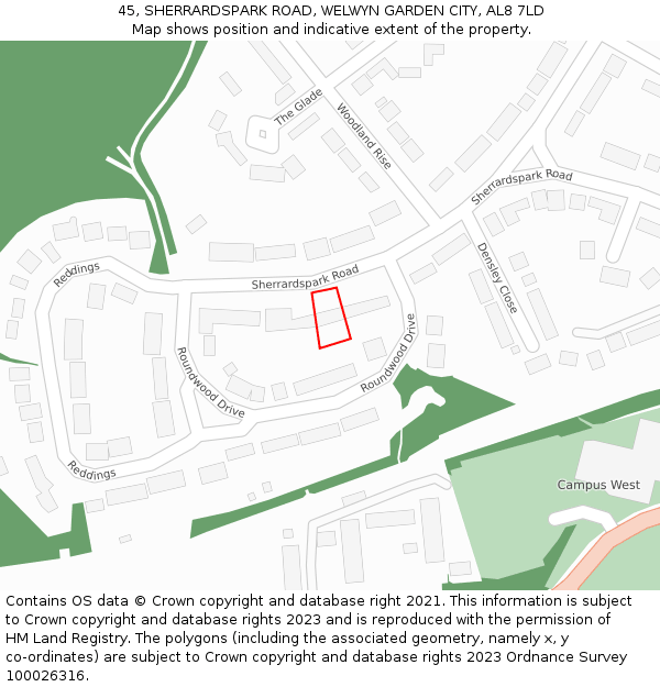 45, SHERRARDSPARK ROAD, WELWYN GARDEN CITY, AL8 7LD: Location map and indicative extent of plot