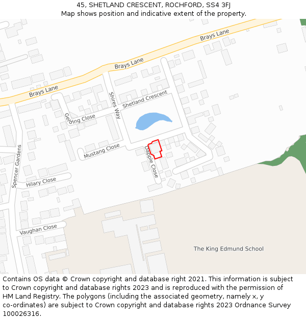 45, SHETLAND CRESCENT, ROCHFORD, SS4 3FJ: Location map and indicative extent of plot