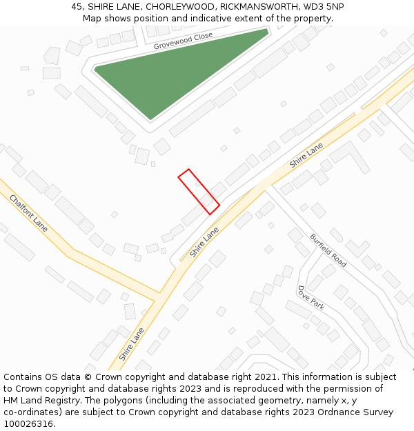 45, SHIRE LANE, CHORLEYWOOD, RICKMANSWORTH, WD3 5NP: Location map and indicative extent of plot