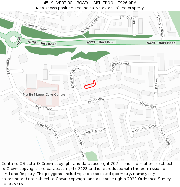 45, SILVERBIRCH ROAD, HARTLEPOOL, TS26 0BA: Location map and indicative extent of plot