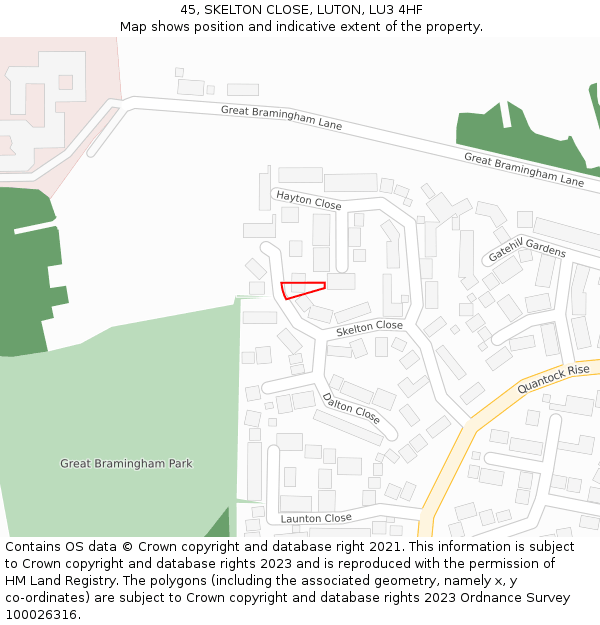 45, SKELTON CLOSE, LUTON, LU3 4HF: Location map and indicative extent of plot