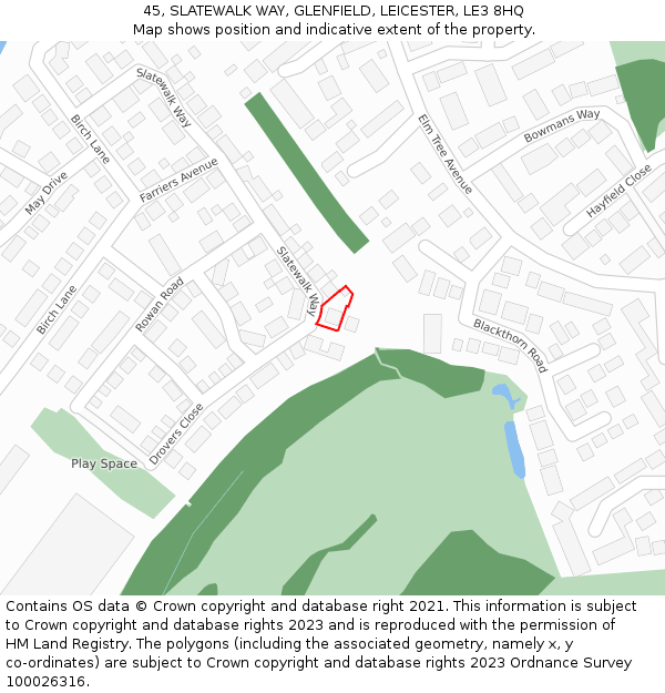 45, SLATEWALK WAY, GLENFIELD, LEICESTER, LE3 8HQ: Location map and indicative extent of plot
