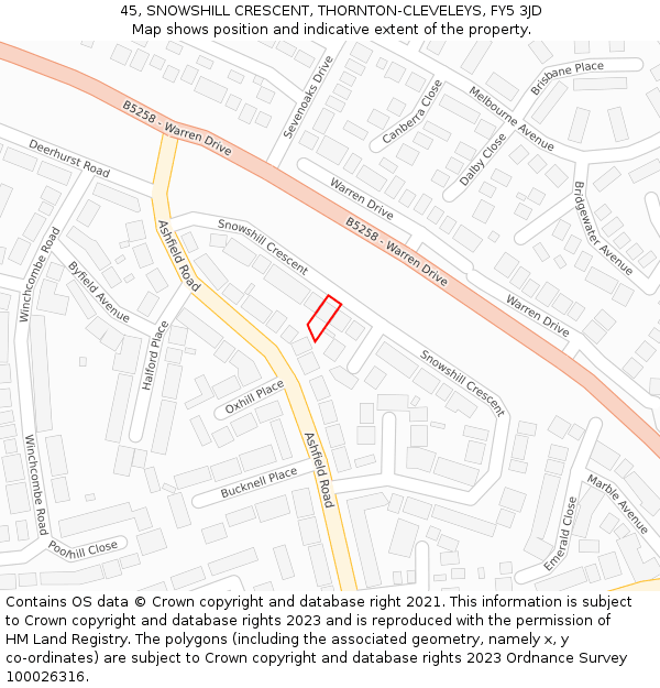 45, SNOWSHILL CRESCENT, THORNTON-CLEVELEYS, FY5 3JD: Location map and indicative extent of plot