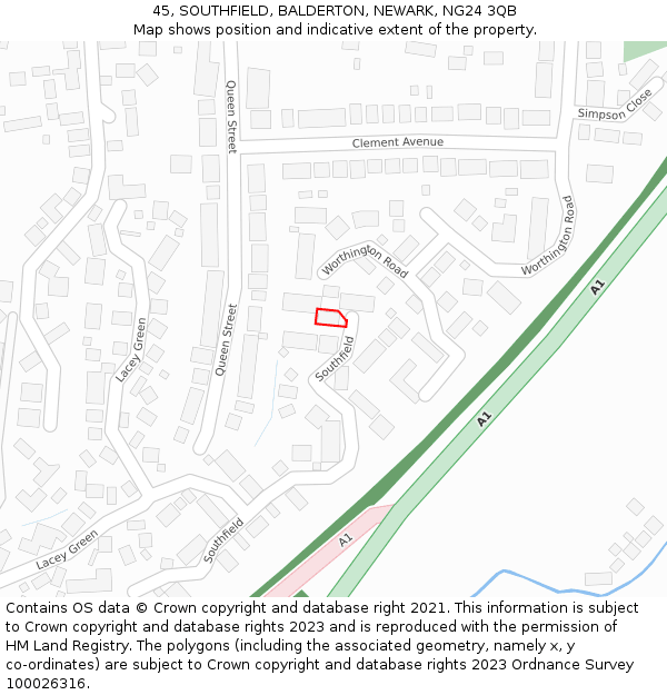 45, SOUTHFIELD, BALDERTON, NEWARK, NG24 3QB: Location map and indicative extent of plot