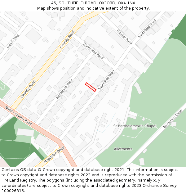 45, SOUTHFIELD ROAD, OXFORD, OX4 1NX: Location map and indicative extent of plot