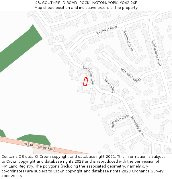 45, SOUTHFIELD ROAD, POCKLINGTON, YORK, YO42 2XE: Location map and indicative extent of plot