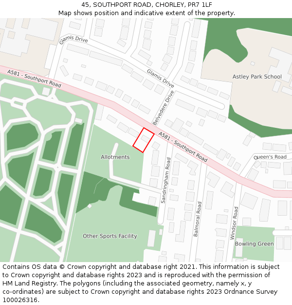 45, SOUTHPORT ROAD, CHORLEY, PR7 1LF: Location map and indicative extent of plot