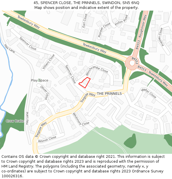 45, SPENCER CLOSE, THE PRINNELS, SWINDON, SN5 6NQ: Location map and indicative extent of plot