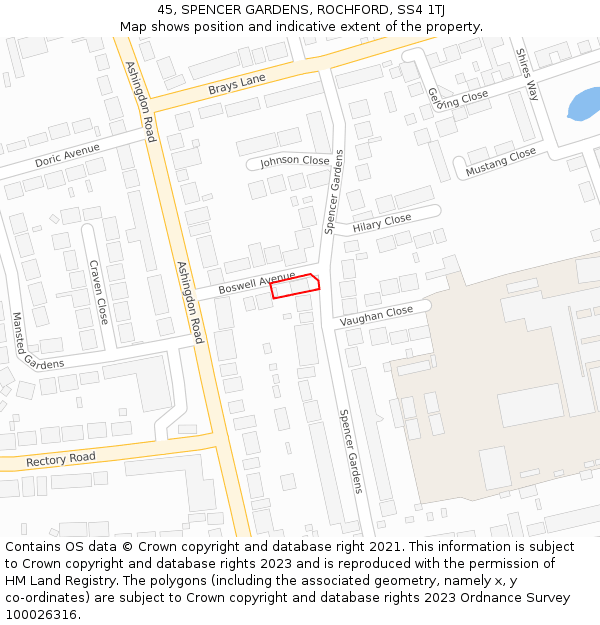 45, SPENCER GARDENS, ROCHFORD, SS4 1TJ: Location map and indicative extent of plot