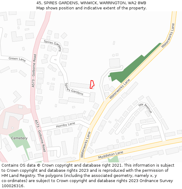 45, SPIRES GARDENS, WINWICK, WARRINGTON, WA2 8WB: Location map and indicative extent of plot