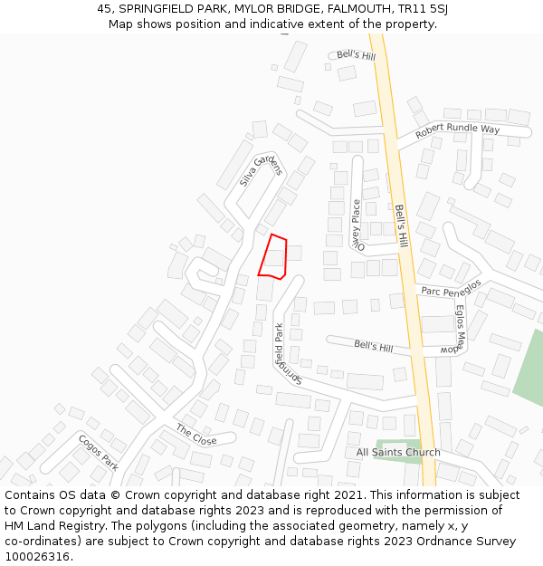 45, SPRINGFIELD PARK, MYLOR BRIDGE, FALMOUTH, TR11 5SJ: Location map and indicative extent of plot