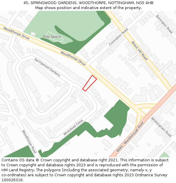 45, SPRINGWOOD GARDENS, WOODTHORPE, NOTTINGHAM, NG5 4HB: Location map and indicative extent of plot