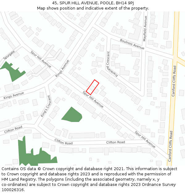 45, SPUR HILL AVENUE, POOLE, BH14 9PJ: Location map and indicative extent of plot