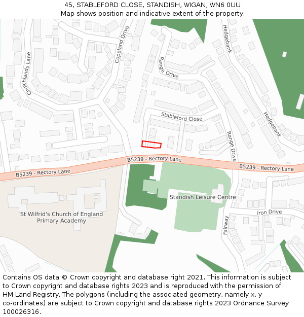 45, STABLEFORD CLOSE, STANDISH, WIGAN, WN6 0UU: Location map and indicative extent of plot