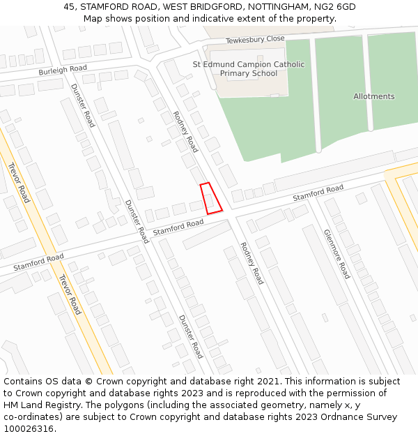 45, STAMFORD ROAD, WEST BRIDGFORD, NOTTINGHAM, NG2 6GD: Location map and indicative extent of plot