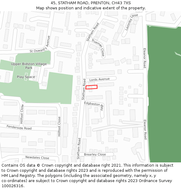 45, STATHAM ROAD, PRENTON, CH43 7XS: Location map and indicative extent of plot