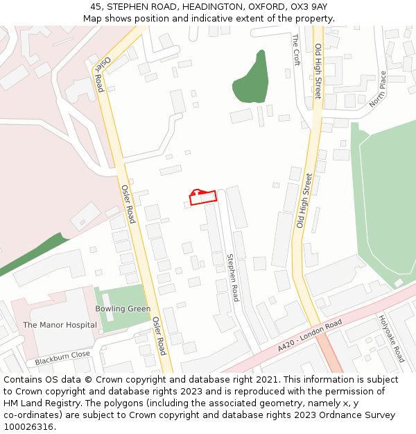 45, STEPHEN ROAD, HEADINGTON, OXFORD, OX3 9AY: Location map and indicative extent of plot