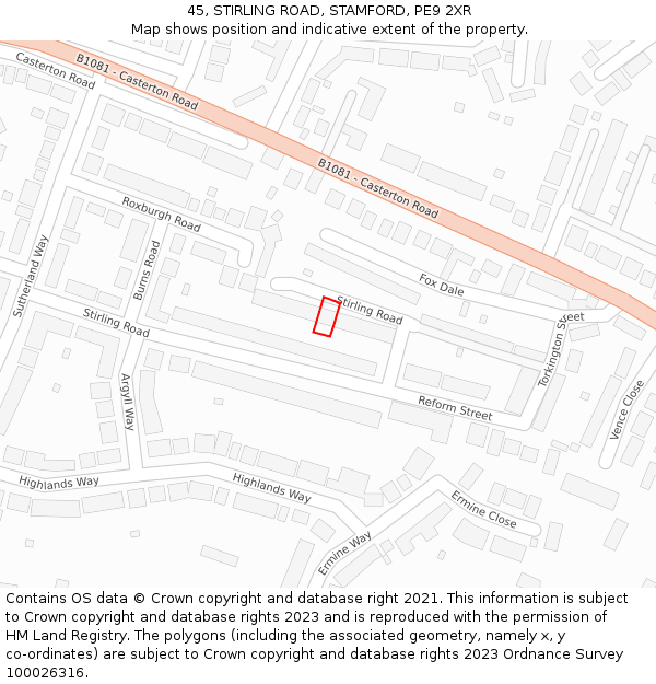 45, STIRLING ROAD, STAMFORD, PE9 2XR: Location map and indicative extent of plot