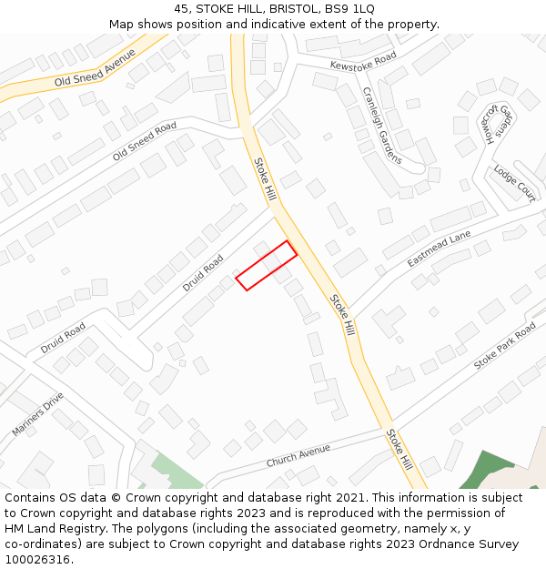 45, STOKE HILL, BRISTOL, BS9 1LQ: Location map and indicative extent of plot