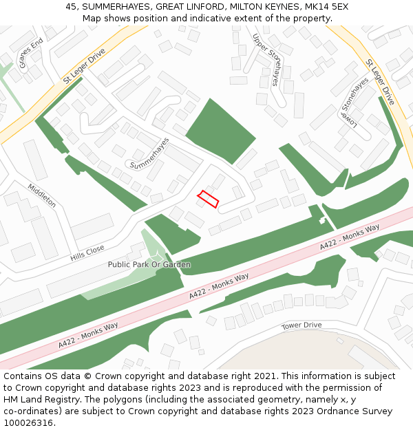 45, SUMMERHAYES, GREAT LINFORD, MILTON KEYNES, MK14 5EX: Location map and indicative extent of plot