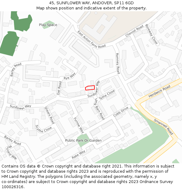 45, SUNFLOWER WAY, ANDOVER, SP11 6GD: Location map and indicative extent of plot