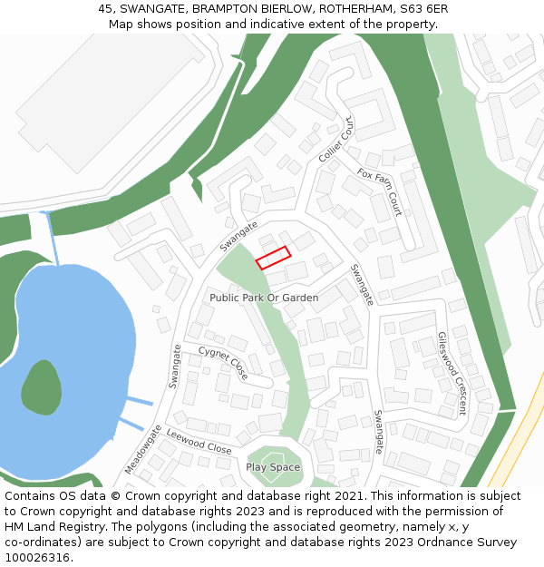 45, SWANGATE, BRAMPTON BIERLOW, ROTHERHAM, S63 6ER: Location map and indicative extent of plot