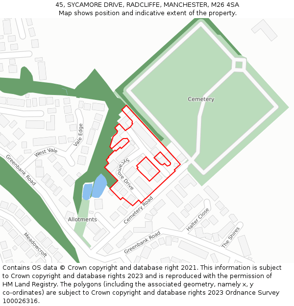 45, SYCAMORE DRIVE, RADCLIFFE, MANCHESTER, M26 4SA: Location map and indicative extent of plot