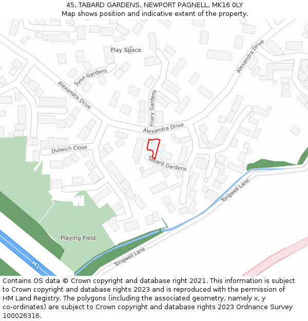 45, TABARD GARDENS, NEWPORT PAGNELL, MK16 0LY: Location map and indicative extent of plot