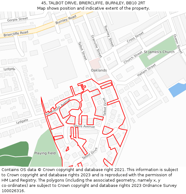 45, TALBOT DRIVE, BRIERCLIFFE, BURNLEY, BB10 2RT: Location map and indicative extent of plot