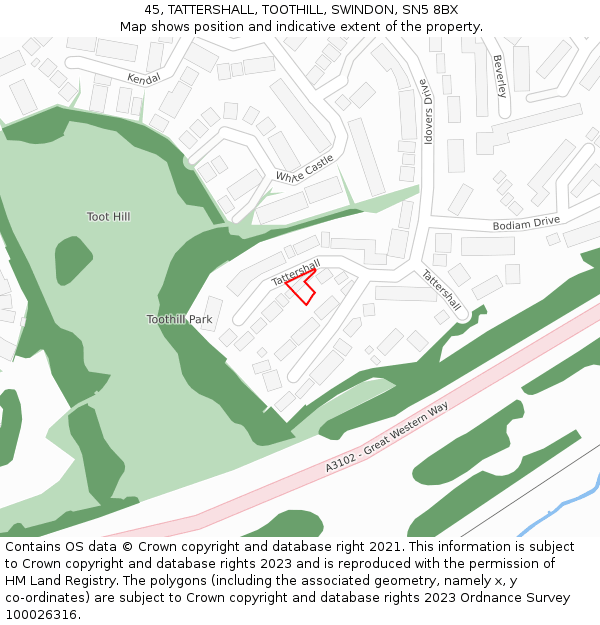 45, TATTERSHALL, TOOTHILL, SWINDON, SN5 8BX: Location map and indicative extent of plot