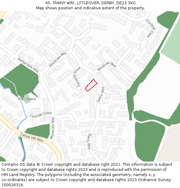 45, TAWNY WAY, LITTLEOVER, DERBY, DE23 3XG: Location map and indicative extent of plot