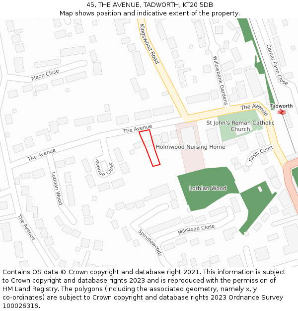 45, THE AVENUE, TADWORTH, KT20 5DB: Location map and indicative extent of plot