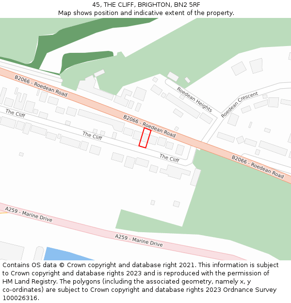 45, THE CLIFF, BRIGHTON, BN2 5RF: Location map and indicative extent of plot