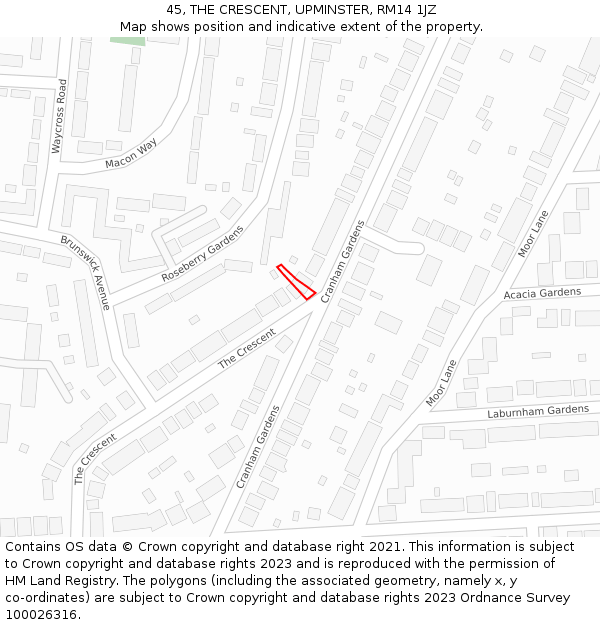 45, THE CRESCENT, UPMINSTER, RM14 1JZ: Location map and indicative extent of plot