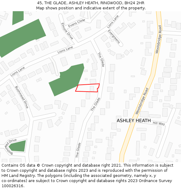 45, THE GLADE, ASHLEY HEATH, RINGWOOD, BH24 2HR: Location map and indicative extent of plot