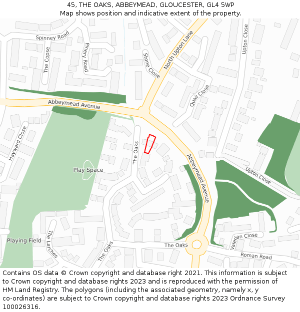 45, THE OAKS, ABBEYMEAD, GLOUCESTER, GL4 5WP: Location map and indicative extent of plot