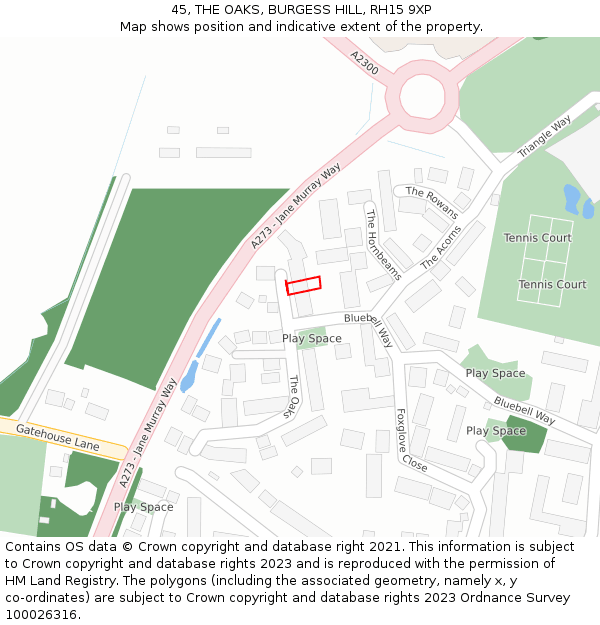 45, THE OAKS, BURGESS HILL, RH15 9XP: Location map and indicative extent of plot