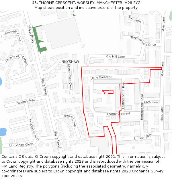 45, THORNE CRESCENT, WORSLEY, MANCHESTER, M28 3YG: Location map and indicative extent of plot