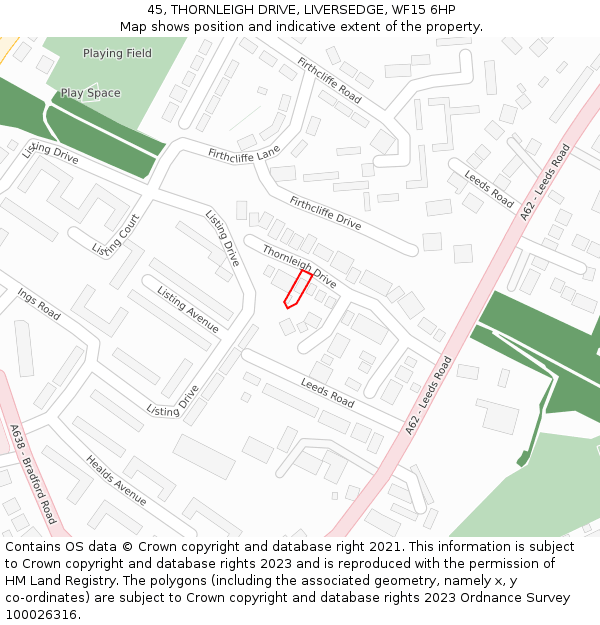 45, THORNLEIGH DRIVE, LIVERSEDGE, WF15 6HP: Location map and indicative extent of plot