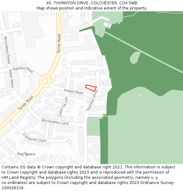 45, THORNTON DRIVE, COLCHESTER, CO4 5WB: Location map and indicative extent of plot