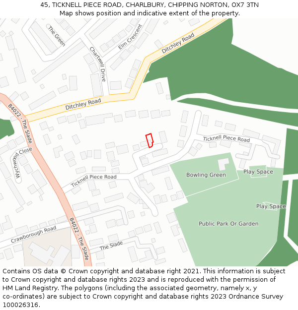 45, TICKNELL PIECE ROAD, CHARLBURY, CHIPPING NORTON, OX7 3TN: Location map and indicative extent of plot