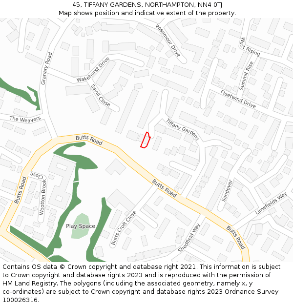 45, TIFFANY GARDENS, NORTHAMPTON, NN4 0TJ: Location map and indicative extent of plot