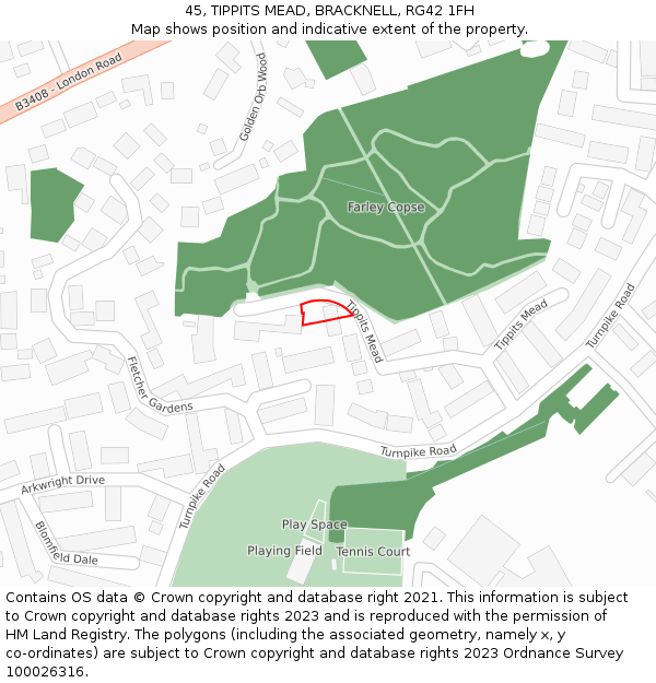 45, TIPPITS MEAD, BRACKNELL, RG42 1FH: Location map and indicative extent of plot