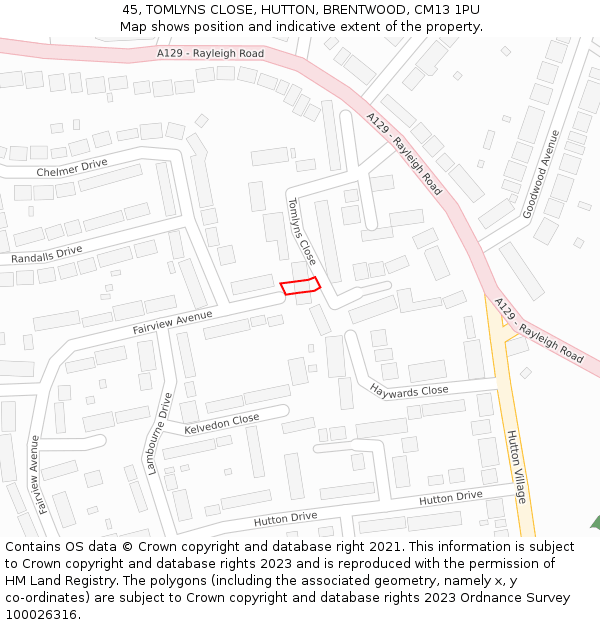 45, TOMLYNS CLOSE, HUTTON, BRENTWOOD, CM13 1PU: Location map and indicative extent of plot